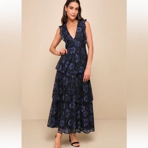 Lulus Molinetto Navy Blue Lace Ruffled Tiered Sleeveless Maxi Dress